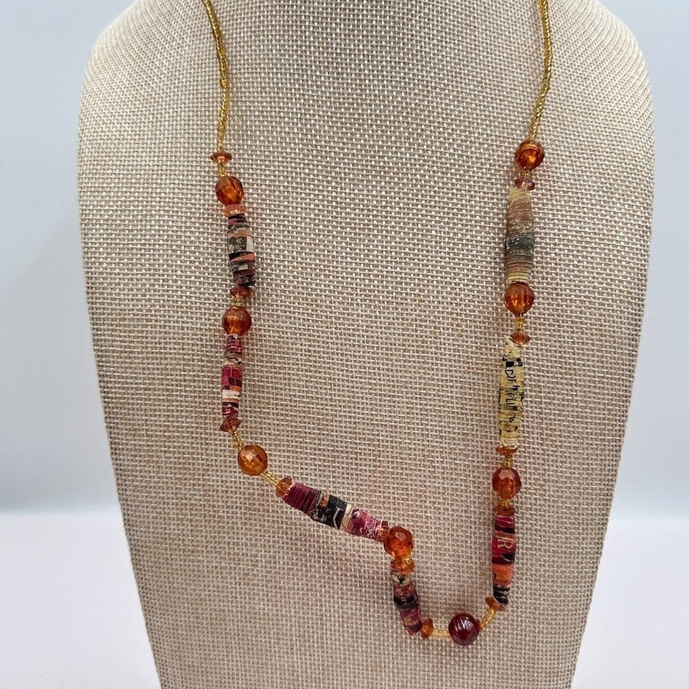 Vintage Paper Bead Strand Necklace Earthy Orange Resin Multi Color Long Boho 90s